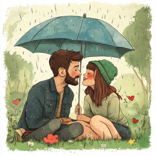 An attractive young couple sharing laughter and kissing under umbrellas in a park