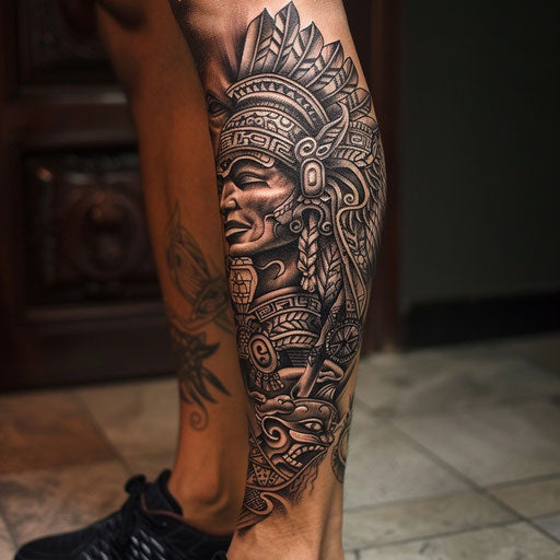 Aztec gods leg tattoo in the style of J.P. Targete