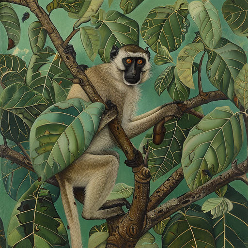 A vervet monkey navigating in the branches of a fig tree