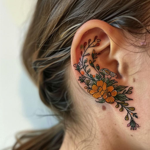 Ear tattoos with floral designs inspired by Maria Sibylla Merian