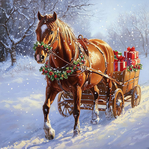 Chestnut horse pulling sleigh of Christmas gifts across snowy field