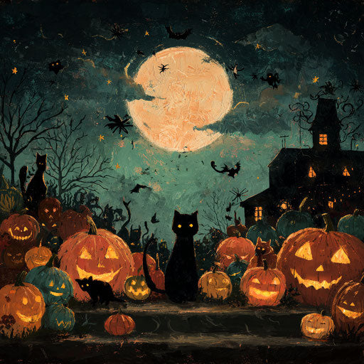 Vibrant and Spooky Halloween Scene with Jack-o'-Lanterns