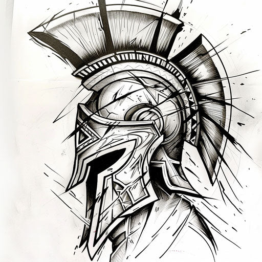 Sketch of tribal-inspired spartan helmet tattoo