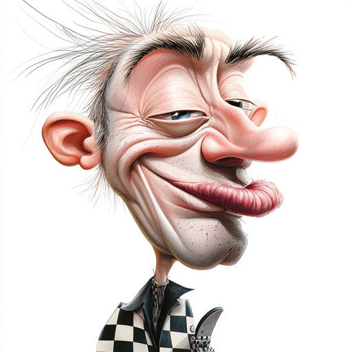 Humorous caricature of hotel character, exaggerated thin lips, big feet, vibrant colors, cartoon style