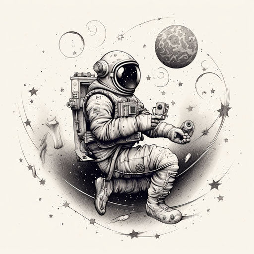 The astronaut and star tattoo on a tattoo machine, in the style of pointillist compositions, illustration