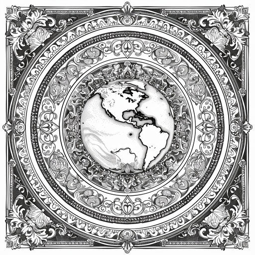 Mandala with Earth in the center, surrounded by intricate patterns