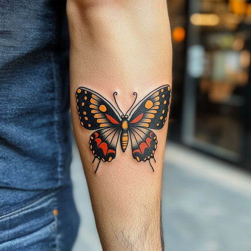 Butterfly tattoo men on the forearm with a gothic twist, in the style of Sailor Jerry