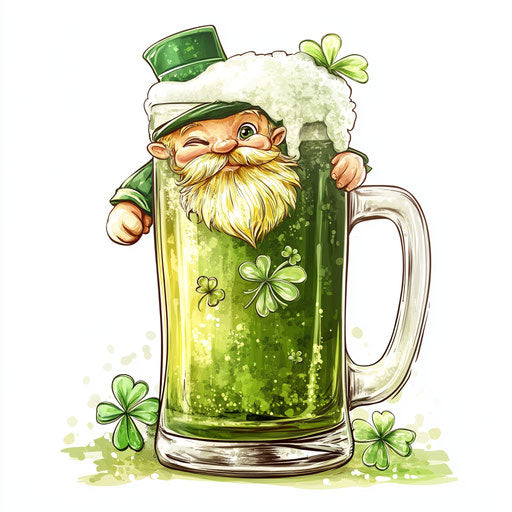 St. Patrick's Day leprechaun sticker with green beer mug and shamrocks
