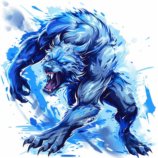 Flat tattoo sketch of werewolf in action with motion blur and vivid blues
