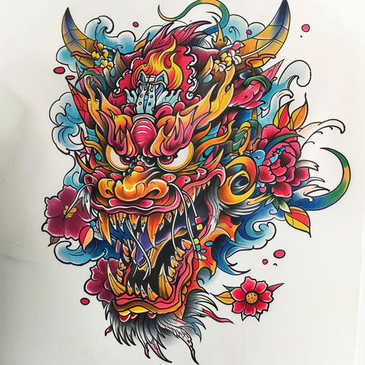 Colorful Japanese demon with flat tattoo sketch