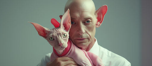 Sphynx cat held in front of man's arm, deconstructive style, pink and red