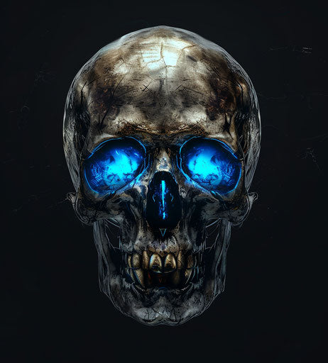 Skull with blue eyes on black background, xbox 360 graphics style