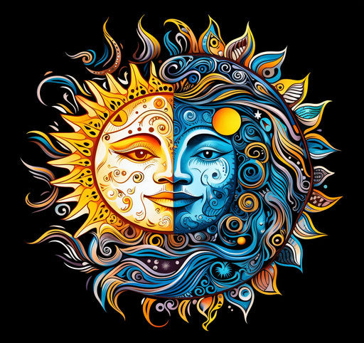 Colorful sun moon face tattoo in black white ink pattachitra