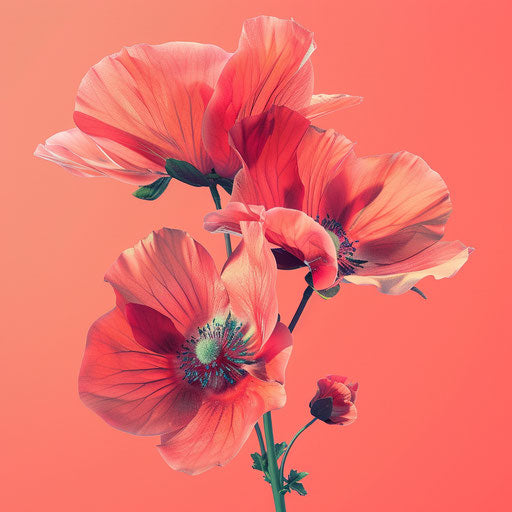 Realistic flowers on vibrant coral background, crisp details