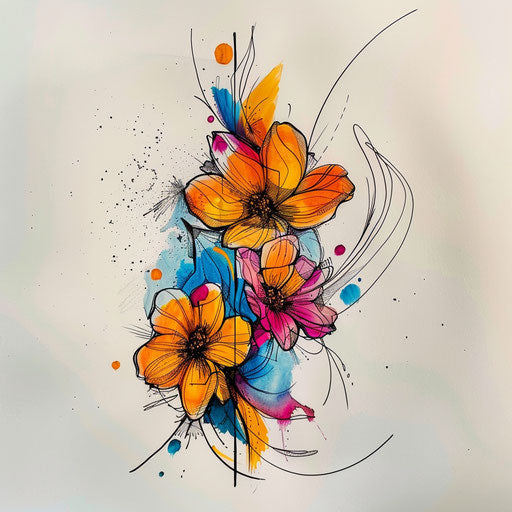 Contemporary flat tattoo sketch of a cosmos flower cluster