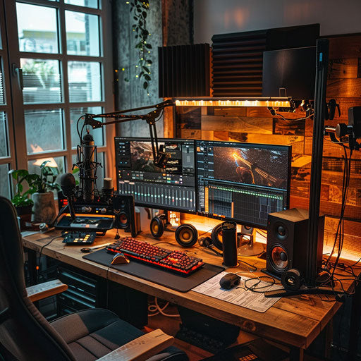 Home office with dedicated podcast station equipped with high-quality microphones and audio gear.