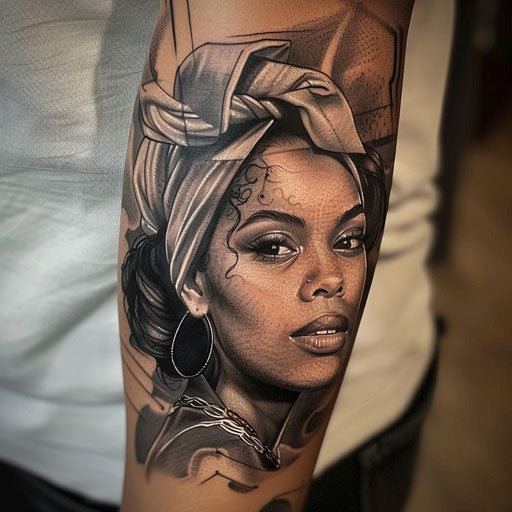 Realistic black and gray portrait sister tattoos iconic women