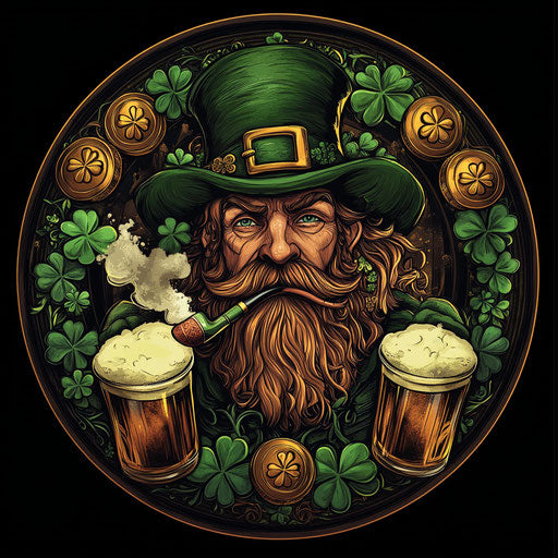 St. Patrick's Day circle with leprechauns, coins, and beers