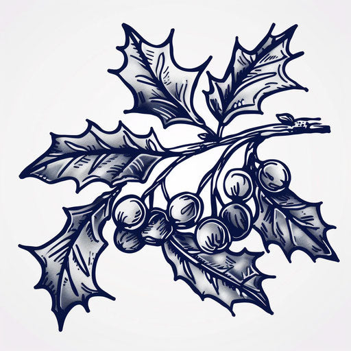 Vintage-style Holly branch tattoo illustration, detailed etching on white background.