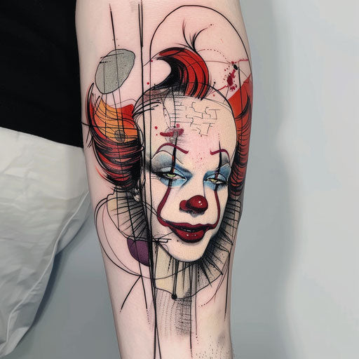 Surrealist clown tattoo with abstract elements on white background