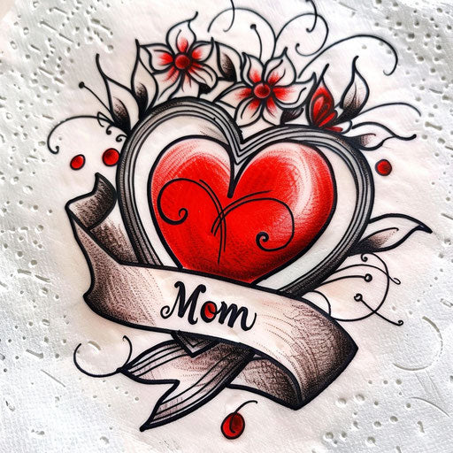 Traditional heart and banner tattoo design, saying 'Mom', with classic shading and vibrant red, sketched on a white sheet.