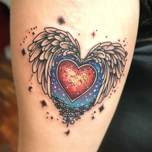Mom heart tattoo with angel wings in celestial sky