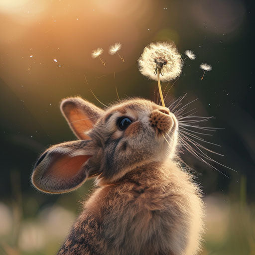 A bunny sniffing a dandelion in the style of Frans Lanting