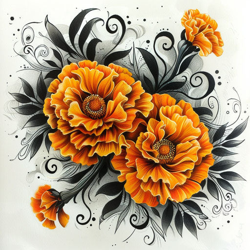 Tribal tattoo sketch of marigolds featuring bold black patterns and cultural symbols associated with October