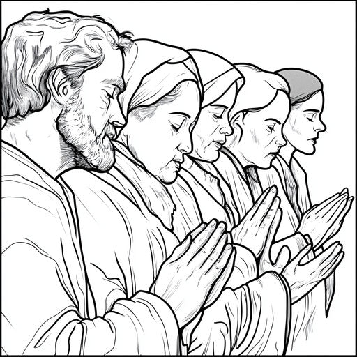 Cultures praying together, in Walt Handelsman style, coloring page