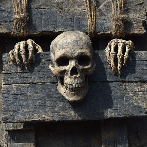 Rustic wooden sign with a menacing human skull