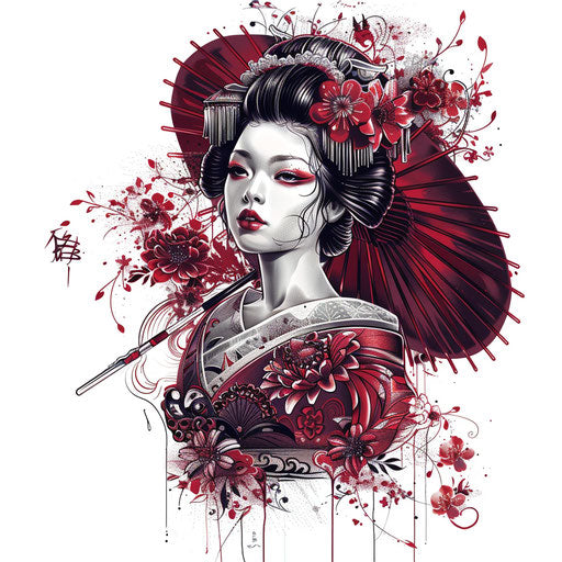 Baroque style geisha tattoo, ornate detailing and rich, dark colors