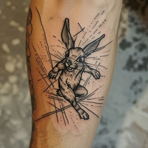 Energetic flat tattoo sketch of a black rabbit running with motion lines