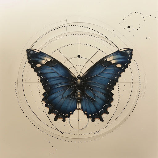 Zen flat tattoo sketch of a blue butterfly with minimalist zen circles and soft gradients
