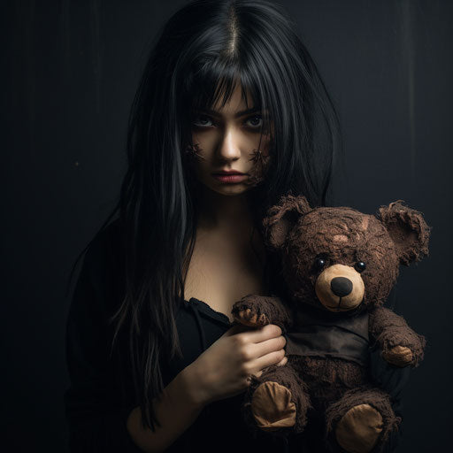 Young woman with black mask holding brown teddy bear