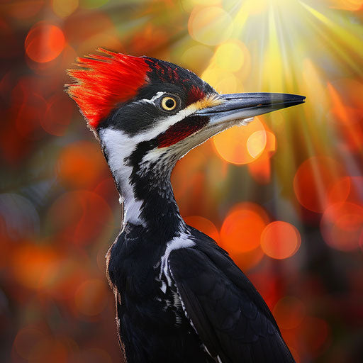 Ivory billed woodpecker with vibrant sunlit background, in the style of Roeselien Raimond