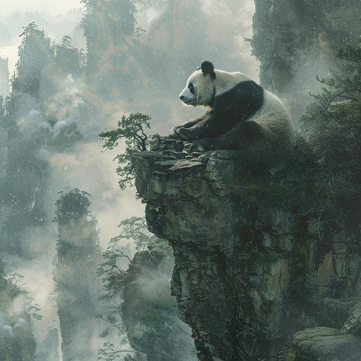 Giant panda on cliff above misty ancient forest