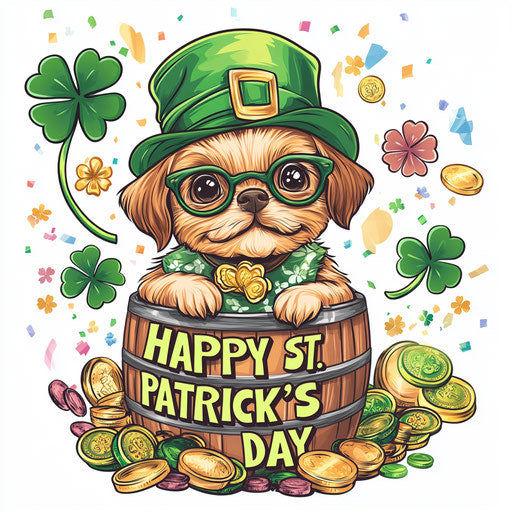 St. Patrick's Day graphic t-shirt design, cute puppy in beer barrel