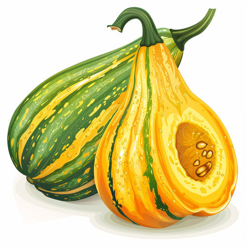 Realistic squash clipart on flat white background, bright colors and smooth finishes