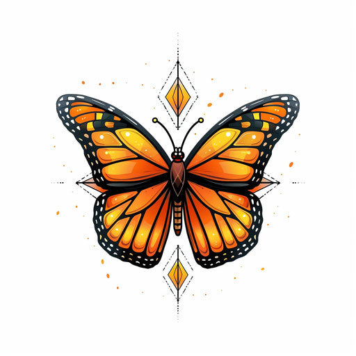 Art deco inspired monarch butterfly tattoo illustration, geometric and symmetrical, on a white background.