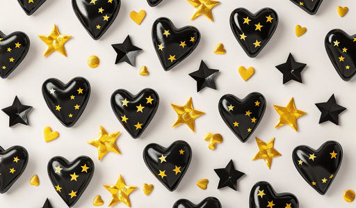 Black hearts and yellow stars on white background