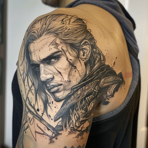 Strength tattoo with a dark fantasy twist, in the style of David Palumbo