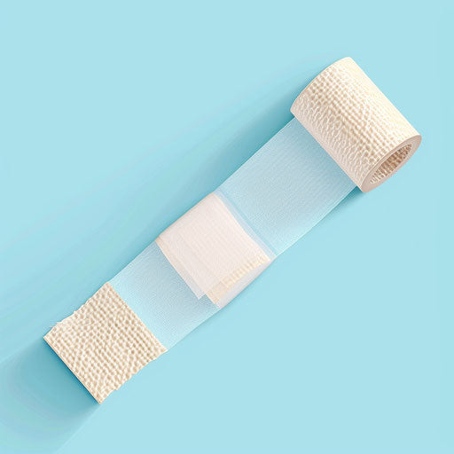 Realistic bandage on flat blue background, soft focus and light texture