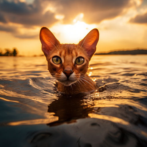 Abyssinian cat swimming in a lake by the shore