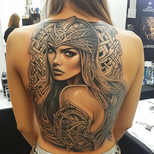 Back tattoo in Glenn Fabry style with Celtic warrior and knotwork
