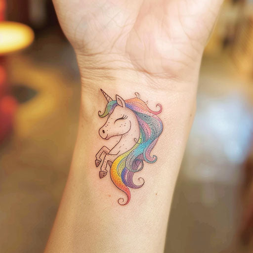 Dreamy unicorn tattoo sketch with rainbow mane for women's wrist coverup
