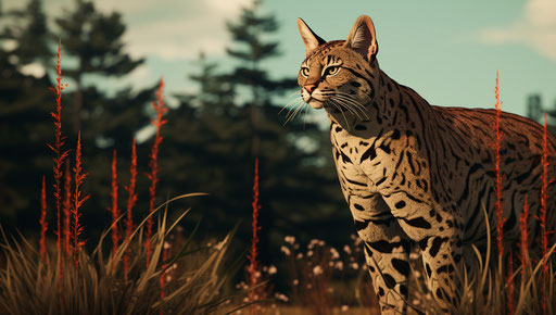 A spotted bobcat standing in a field near trees