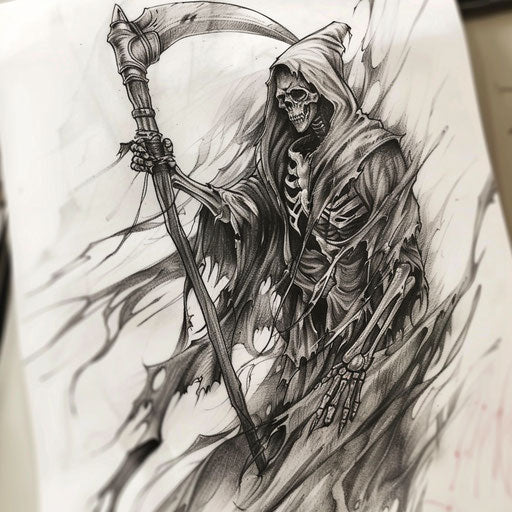 Haunting death with scythe, tattooed design in black and grey