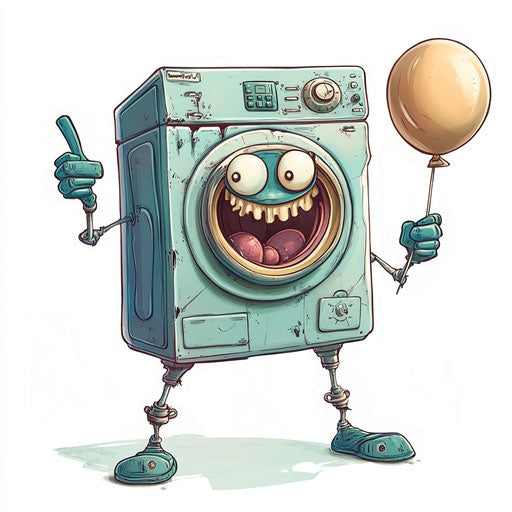 Humorous caricature of a washing machine with human characteristics