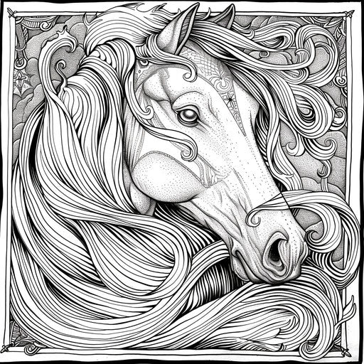Horse head with flowing mane. Coloring page
