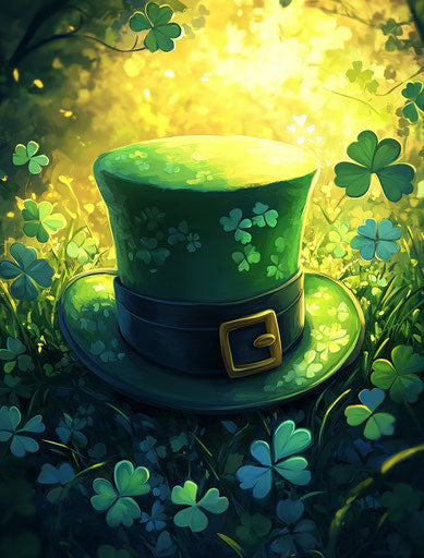 St. Patrick's Day hat surrounded by clovers, cute cartoon style, digital art painting